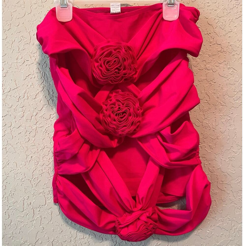 Hot Pink Strapless Ruched Floral Appliqué Tube Top – Size XL